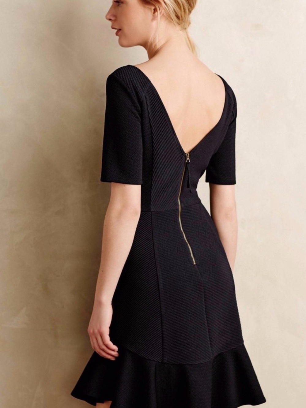 Anthropologie HD in Paris Dark Navy V-Back Textured Knit Dress with Gold Zipper